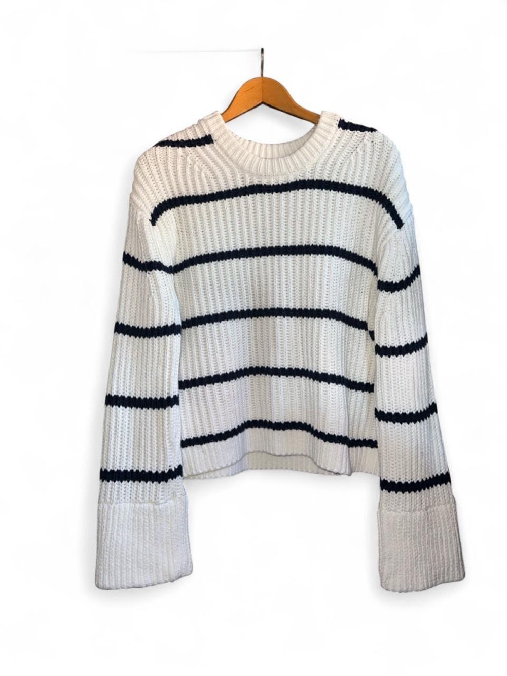 J. Crew Heritage Cotton Fisherman Crewneck Sweater White Navy Blue Stripe XL